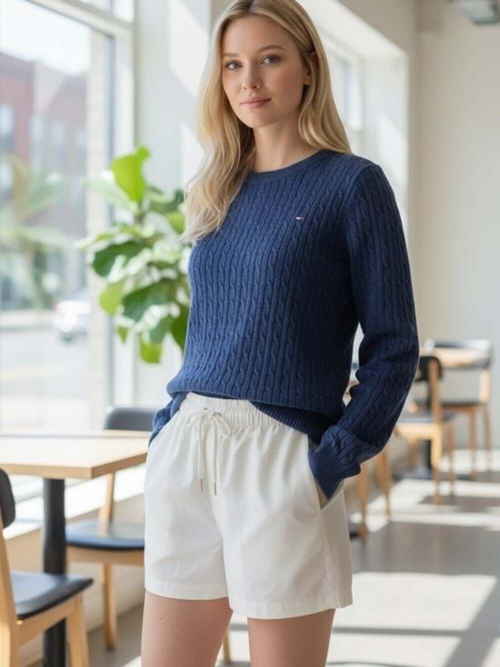 Tommy Hilfiger Women's Navy Cable-Knit Crewneck Sweater